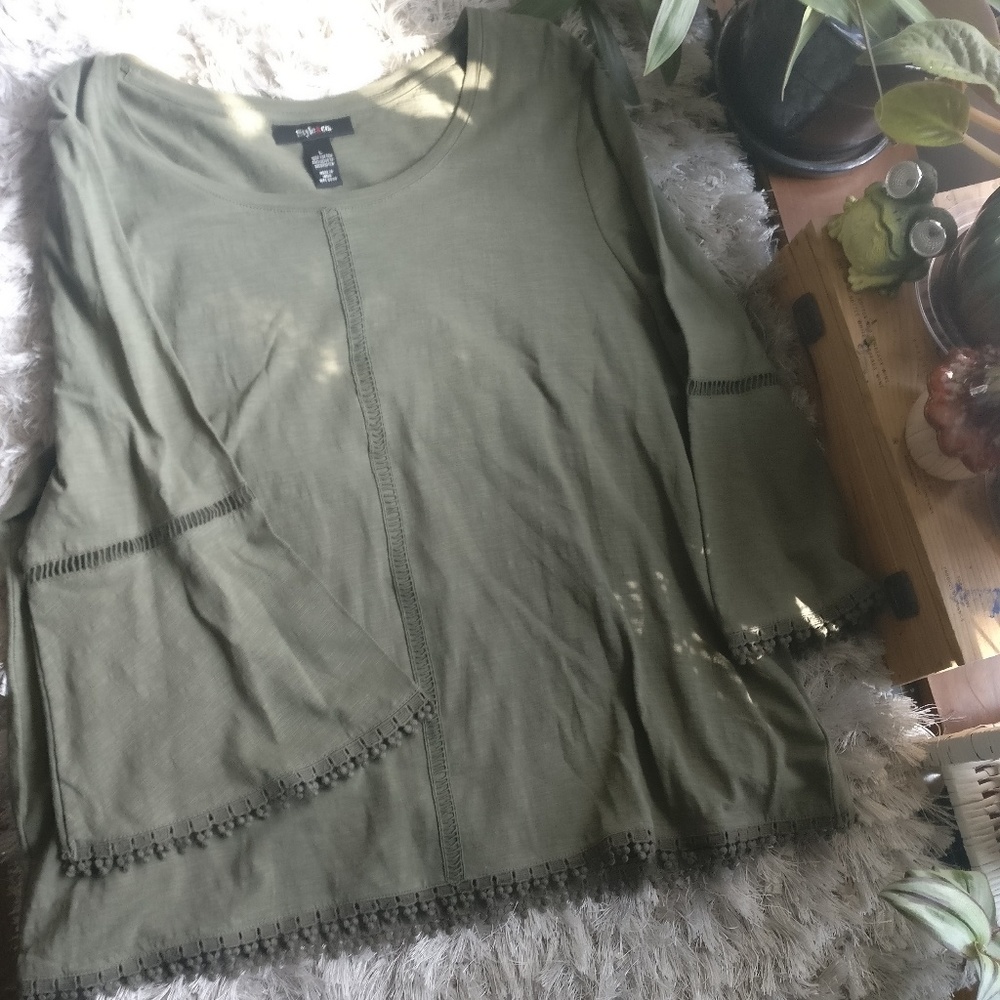 Style & Co Olive Green Bell Sleeve Blouse